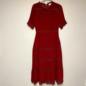 Bohme Burgundy High Neck Sheer Lace Tiered Midi Boho Peasant Dress Size Small
